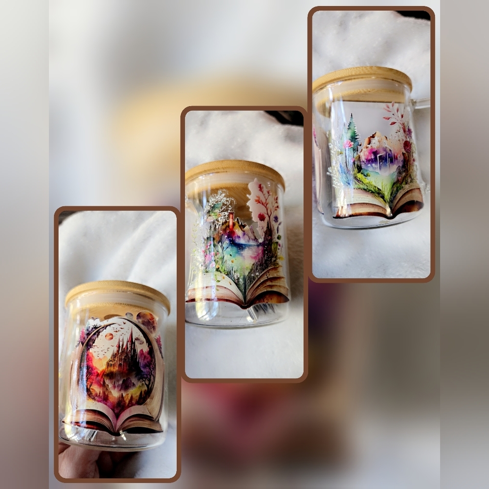 Colorful Glass Mug with Book and Nature Design